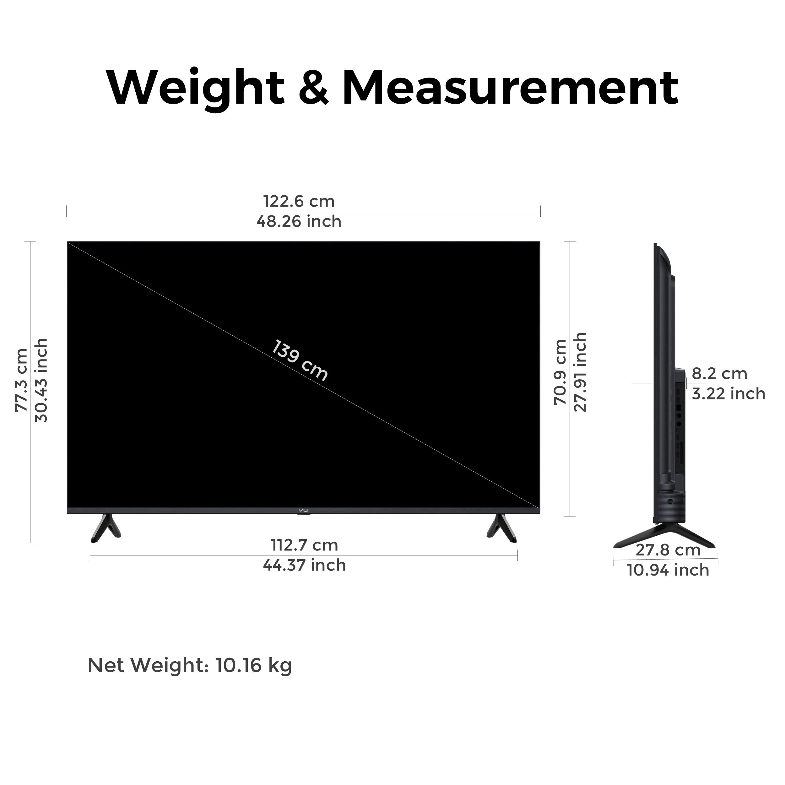 Dimensions and weight specifications of Vu Glo DV TV 55 inch model
